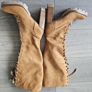 JLO Tan Suede Lace-Up Knee-High Boots